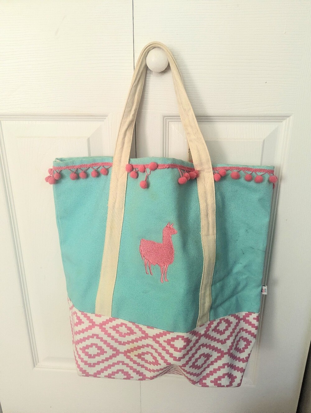 DEI Turquoise & Pink Pom-Pom Tote Bag with Llama Motif